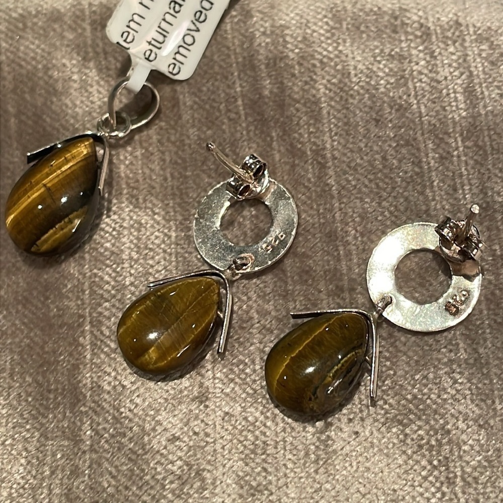 Tigers Eye Sterling Silver 925 Earrings and Pendant Set NWTs